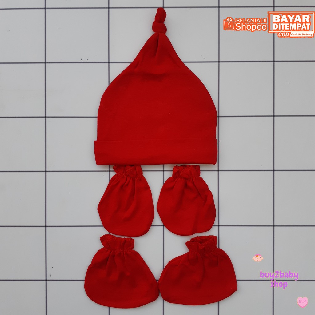 Topi bayi set sarung tangan dan kaki Merah Polos Turban VINATA bayi 0-3 bulan