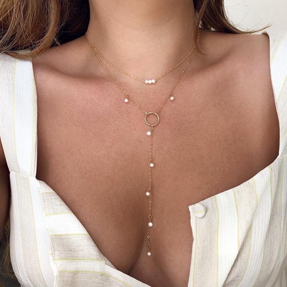 Kalung Choker Multilayer Liontin Mutiara Bulat Warna Emas Untuk Wanita