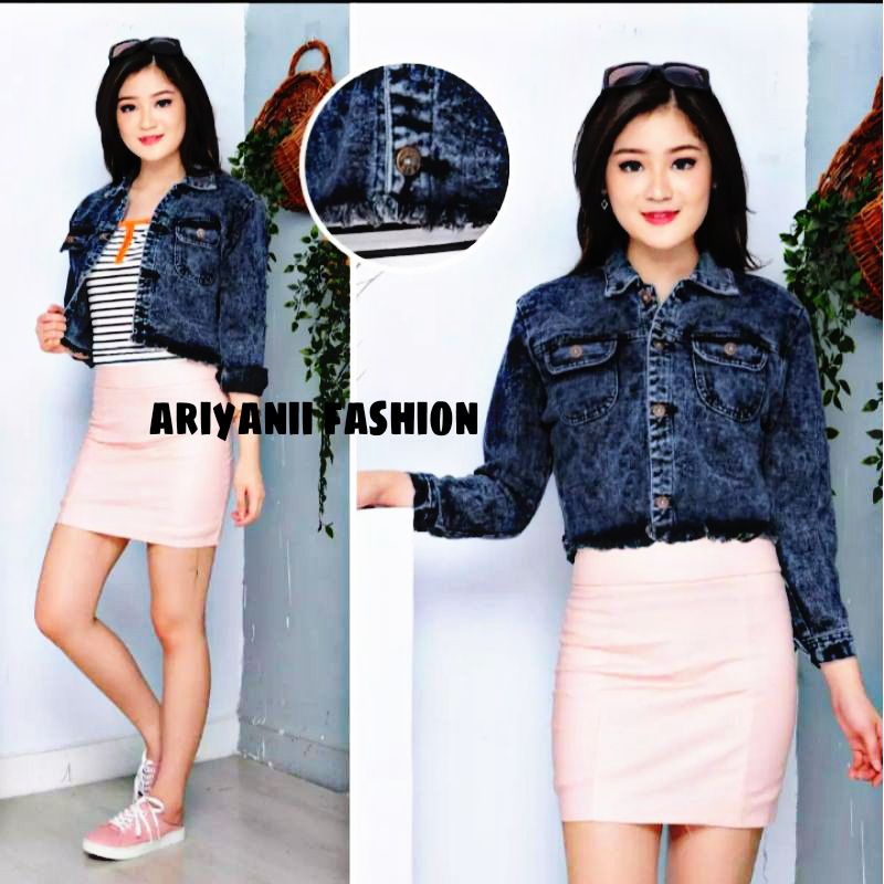 Jaket Jeans Crop Top Wanita Rawis Jacket Jins Denim Snow Hitam Cewek Murah Cewe Korean Style