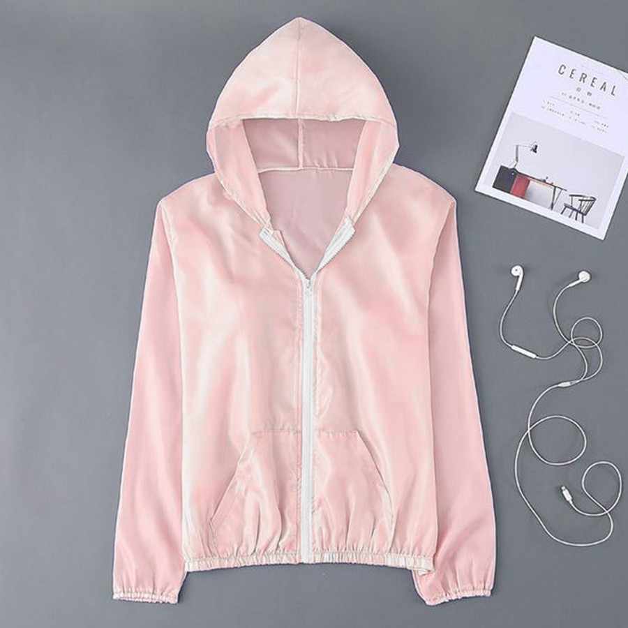 Jaket Transparan Korea Hoodie Wanita Parasut Fashion Sport-Pink Muda