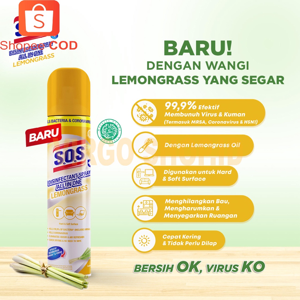 SOS Disinfectant Spray All in One Eucalyptus Lemongrass 250ml / Pengharum Ruangan / Disinfectant / Pengharum Ruangan Aromaterapi / Aromaterapi Ruangan