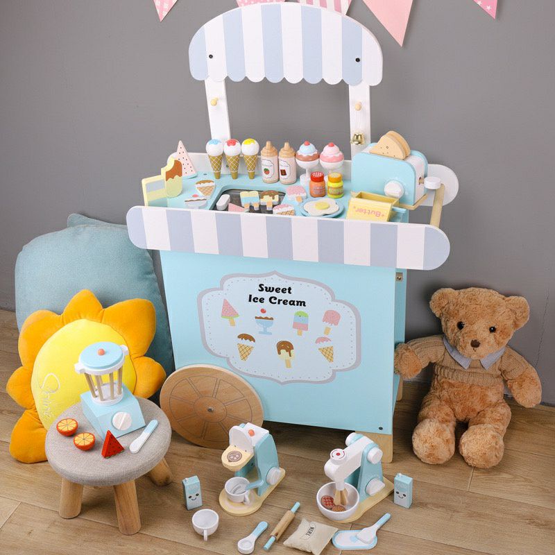 Wooden Ice Cream Booth mainan montessori kayu anak gerobak dorong es krim jualan es krim