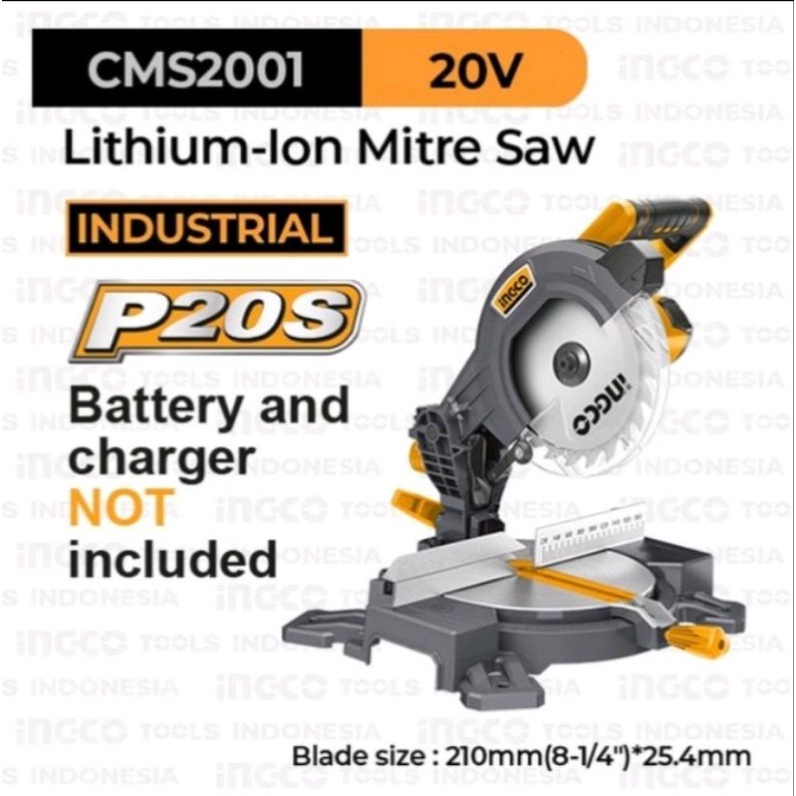 INGCO CMS2001 P20S Mitre Saw Cordless 20V Miter Saw Mesin Potong Gergaji Kayu Alminium Baterai