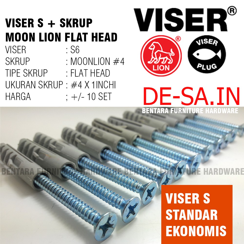 10 x Viser S6 + Screw Flat Head Moon Lion #6 x 1-1/4&quot; - Skrup Angkur Dinding Tembok Beton Bata