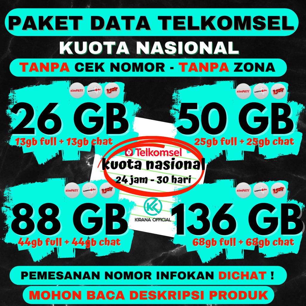 PAKET DATA KUOTA INTERNET TELKOMSEL 26GB/50GB/88GB/136GB 24 JAM SIMPATI/AS/LOOP