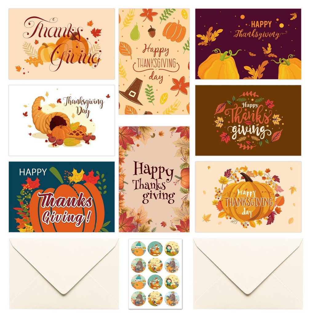 Solighter 8Pcs/set Kartu Ucapan Syukuran Amplop Hari Syukuran Holiday Pumpkin Note Card