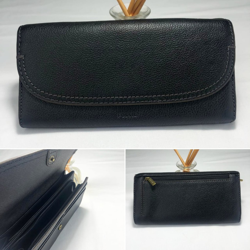 Dompet Fossil Cleo Flap Clutch Long Wallet Black Leather ORIGINAL