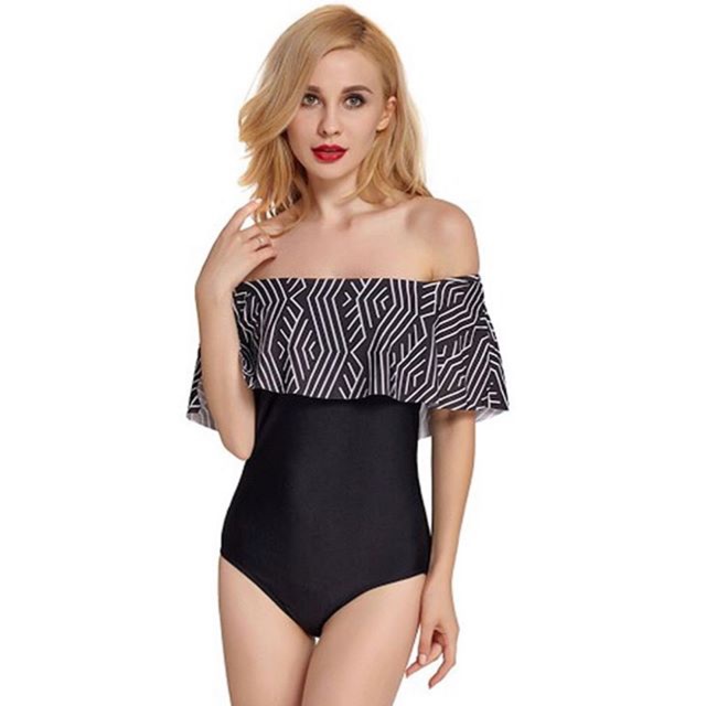 BEACHKINI Sabrina Swimwear Monokini Off Shoulder Black Geometric Sharlene Swimsuit Bikini