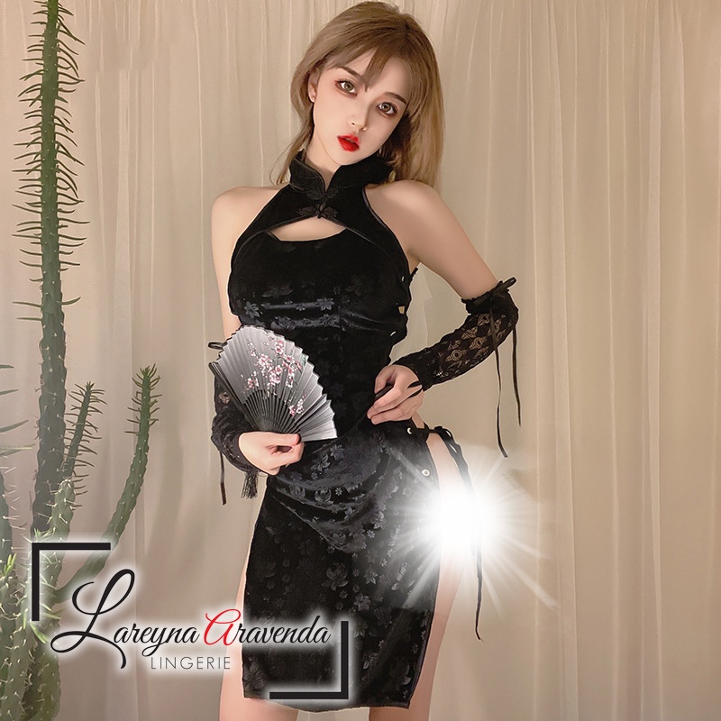 Set Lingerie + G String Seksi Model Costume Cheongsam Beludru Premium LG327