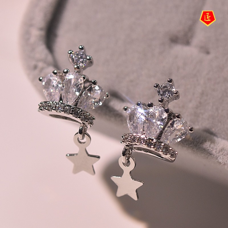 [Ready Stock]Silver Fashion Elegant Mini Crown Female Stud Earrings