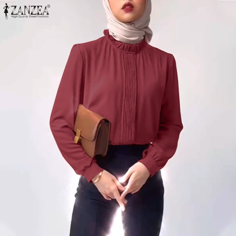 ZANZEA Retro Women Tops Blouse Muslim Solid Full Sleeve O Neck Casual Loose Holiday Office Shirt