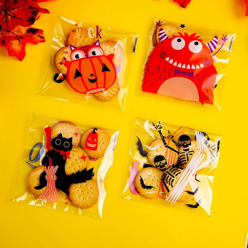 100 Pcs Kantong Plastik Cellophane Dua Sisi Ukuran 10x10cm Motif Halloween Untuk Permen / Kue