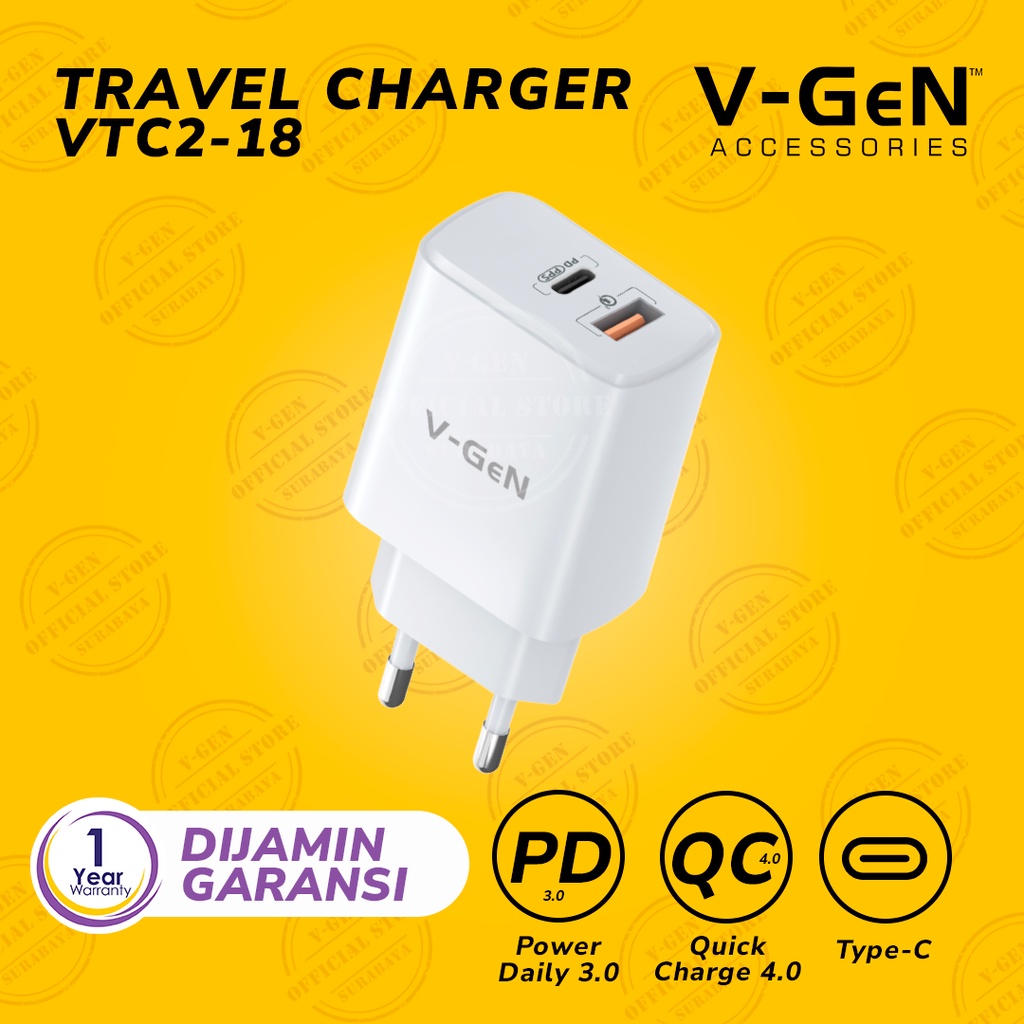 Adaptor Charger V-GeN VTC2-18 Super Fast Charging QC 4.0 PD Type C 20W