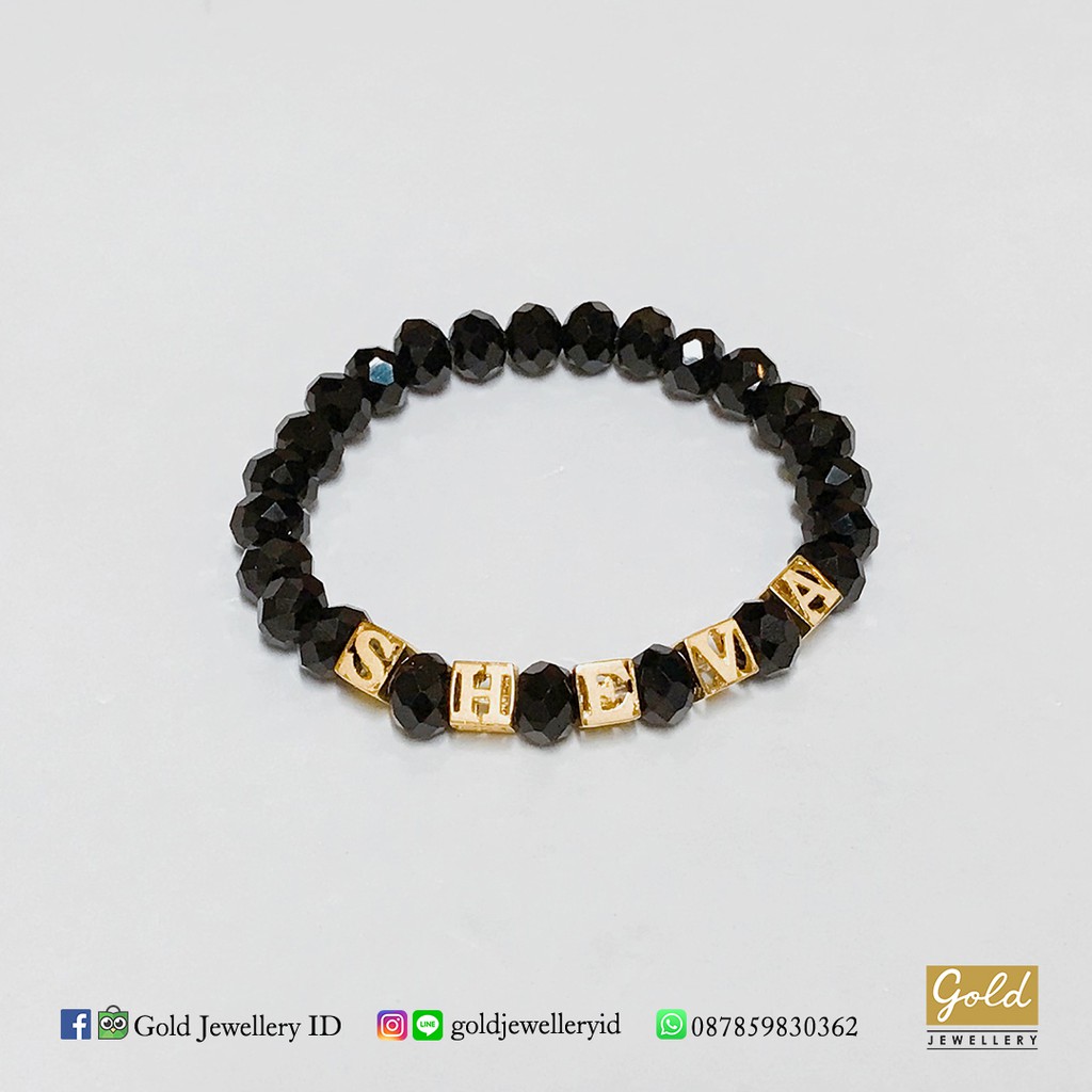Gelang tali emas kuning kadar 700 70% charm inisial sheva batu hitam