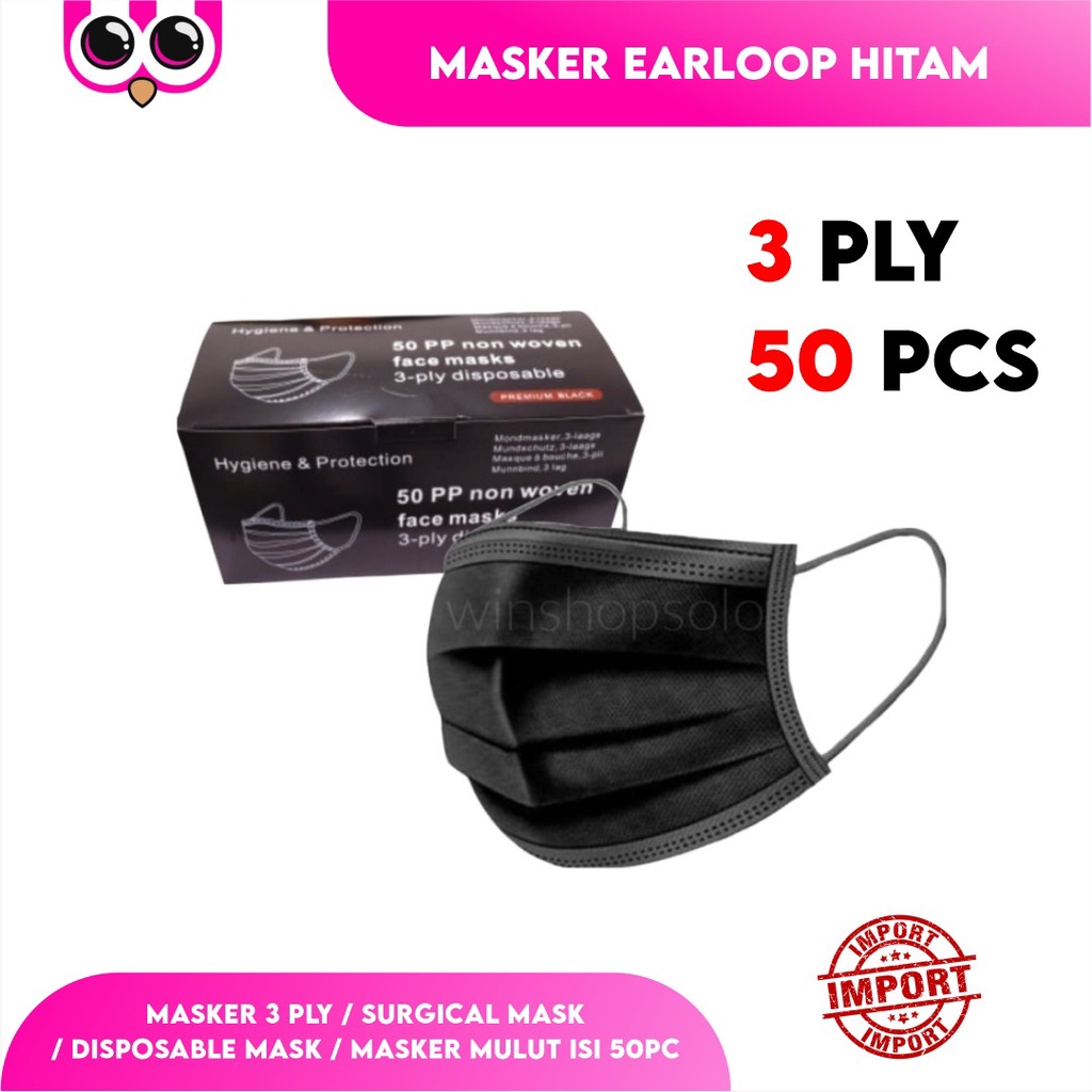 [ HITAM IMPORT ] MASKER EARLOOP HITAM 3 PLY IMPORT