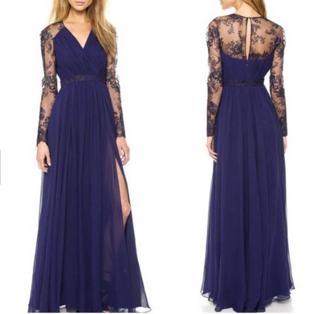 Gaun Pesta Lengan Panjang Sifon Renda Brocade wedding malam / baju pesta  malam dress hitam