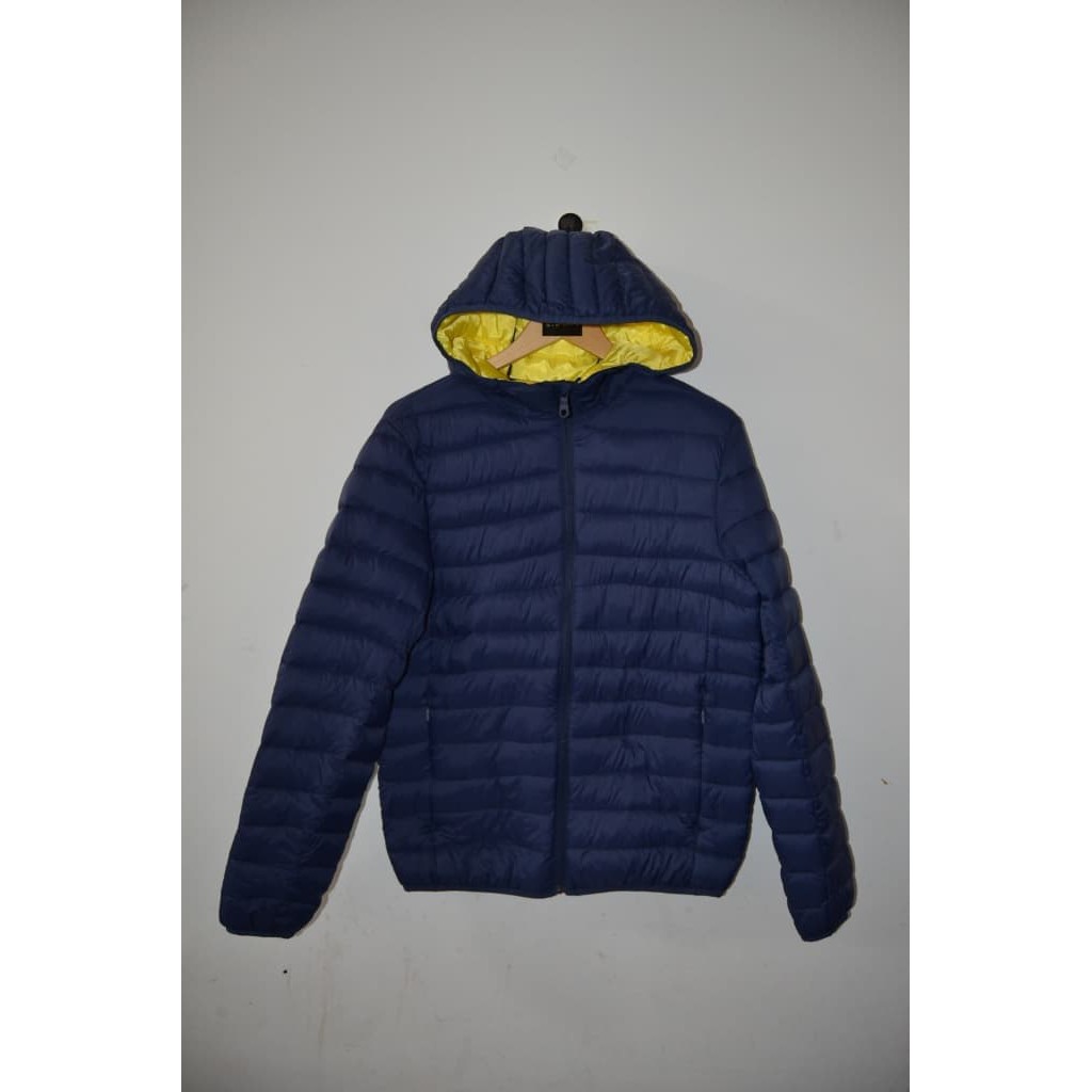 Jaket musim dingin Pull And Bear Lightweight Hooded Puffer Geo Navy