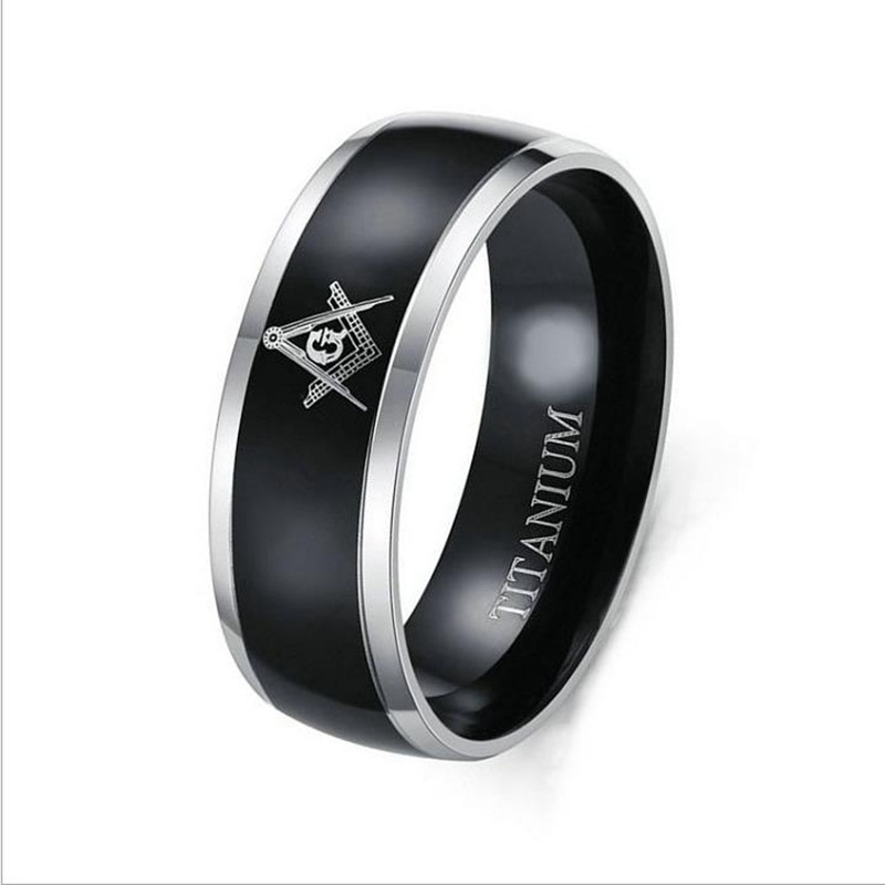 Cincin Masonic Kasual Bahan Stainless Steel Warna Hitam Ukuran 8mm Untuk Pria