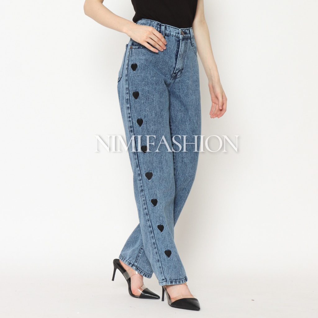 Nimi Celana Jeans High Waist Wanita Loose Jeans Love
