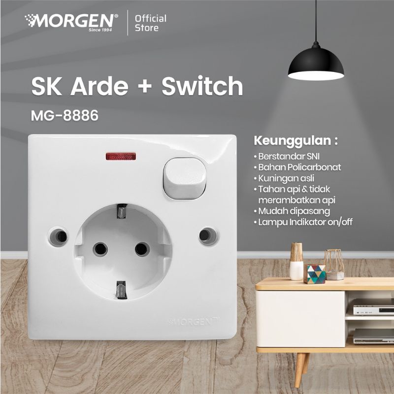 Morgen Stop Kontak Arde + Saklar Switch + Lampu Indikator IB / OB MG-8886 SNI 10A 250V Model Clipsal