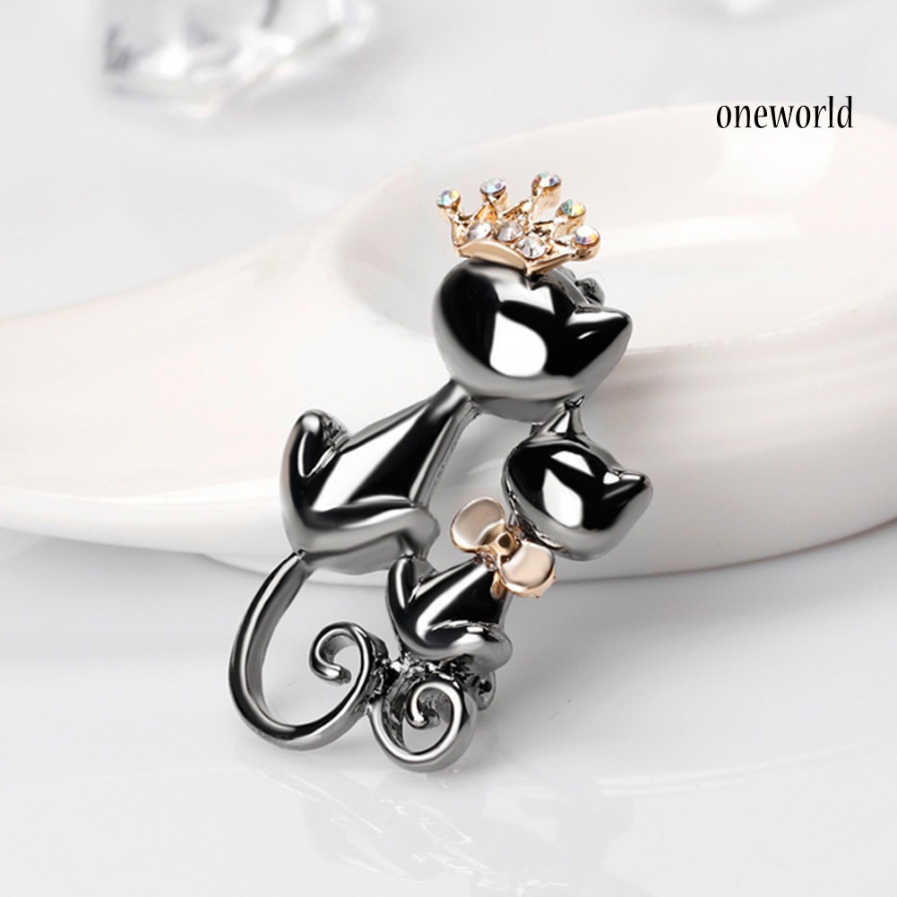 OW@ Fashion Jewelry Shiny Rhinestone Cute Double Cats Kitten Crown Brooch Pin Gift