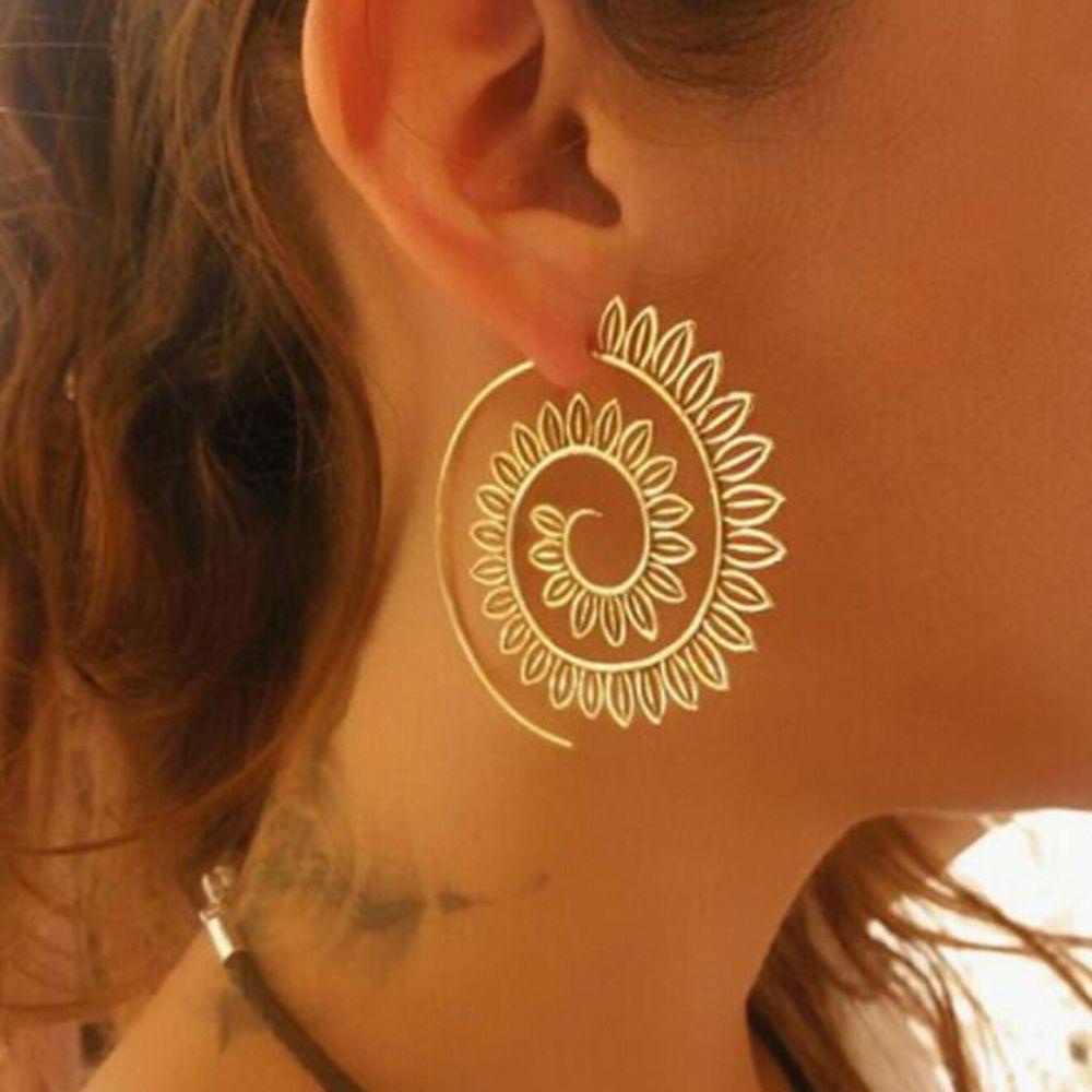 R-flower 1pasang Anting Hoop Menjuntai Wanita Tribal Boho Style Jewelry Spiral