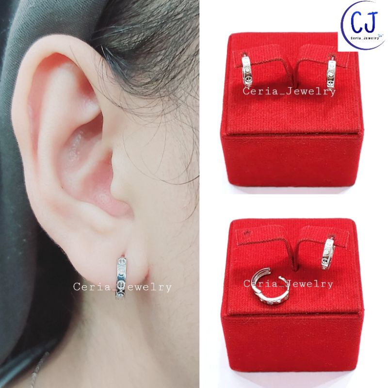 Anting Perak Asli Silver Wanita 925 Lapis Emas Putih Model Jepit Bulat Chartir Permata+Polos - Perhiasan Perak Wanita Asli