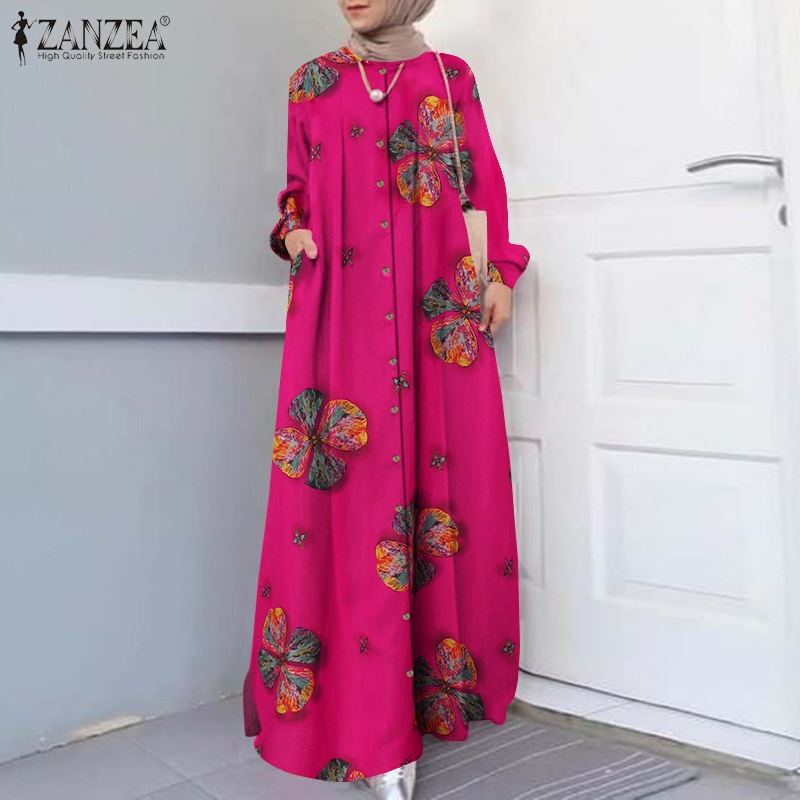 ZANZEA Women Printed Button Down Front Side Pockets Muslim Long Dress