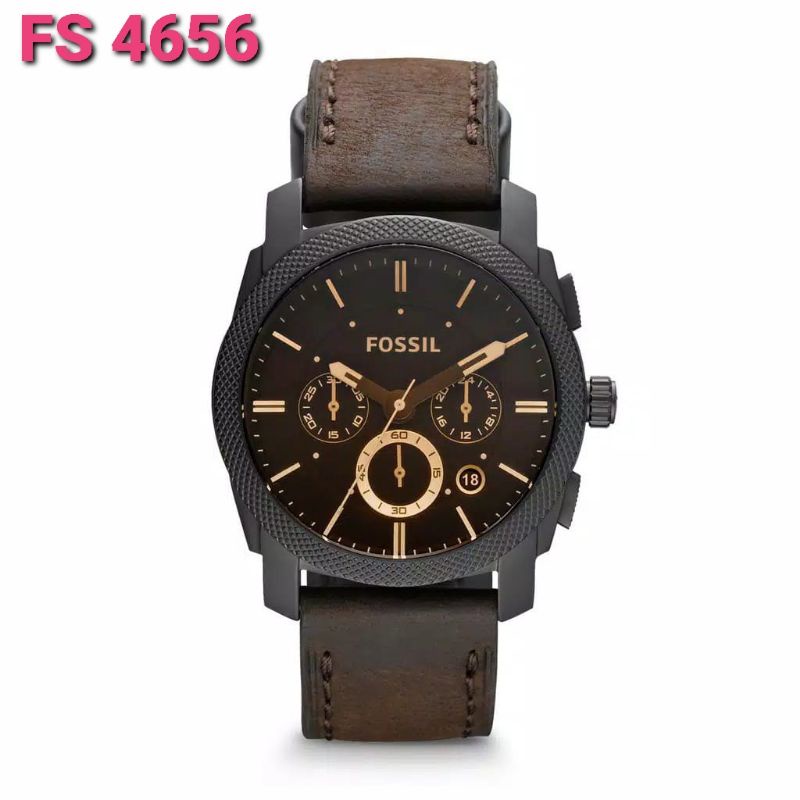 Jam Tangan Pria Fossil FS4656 Machine Mid Size Chronograph Brown Leather Strap Watch Jam BOX