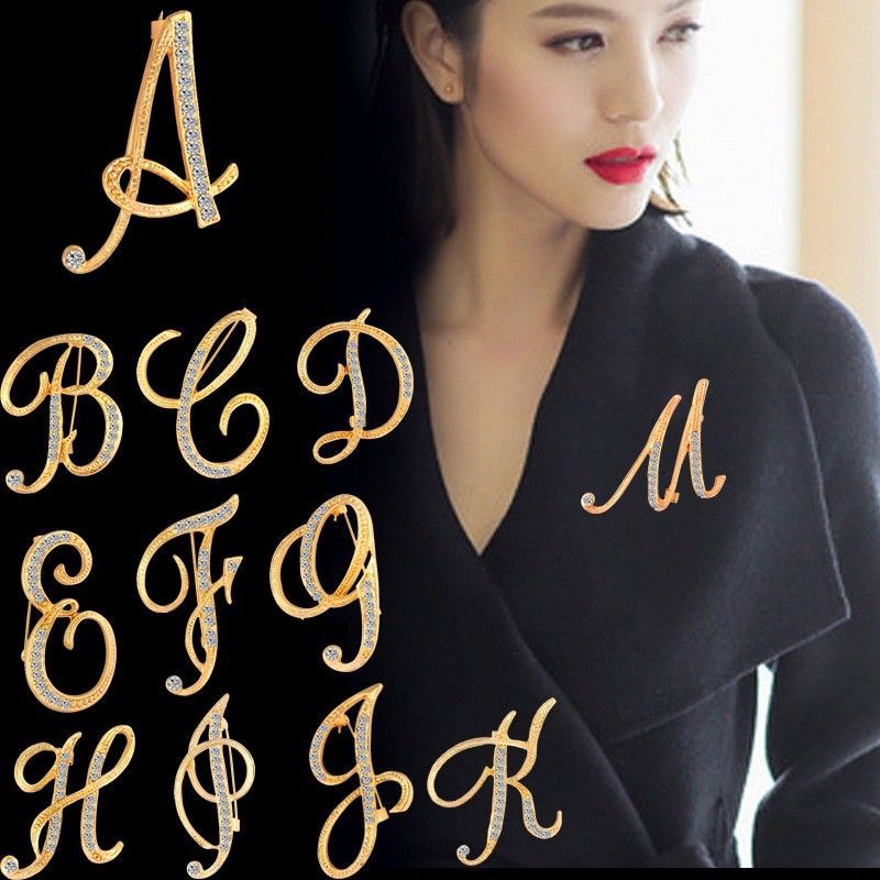 26 Huruf Alfabet BROOCH BROS HIJAB CANTIK Pin Bertatahkan Kristal Peniti - Bros Gold Premium Elegan 