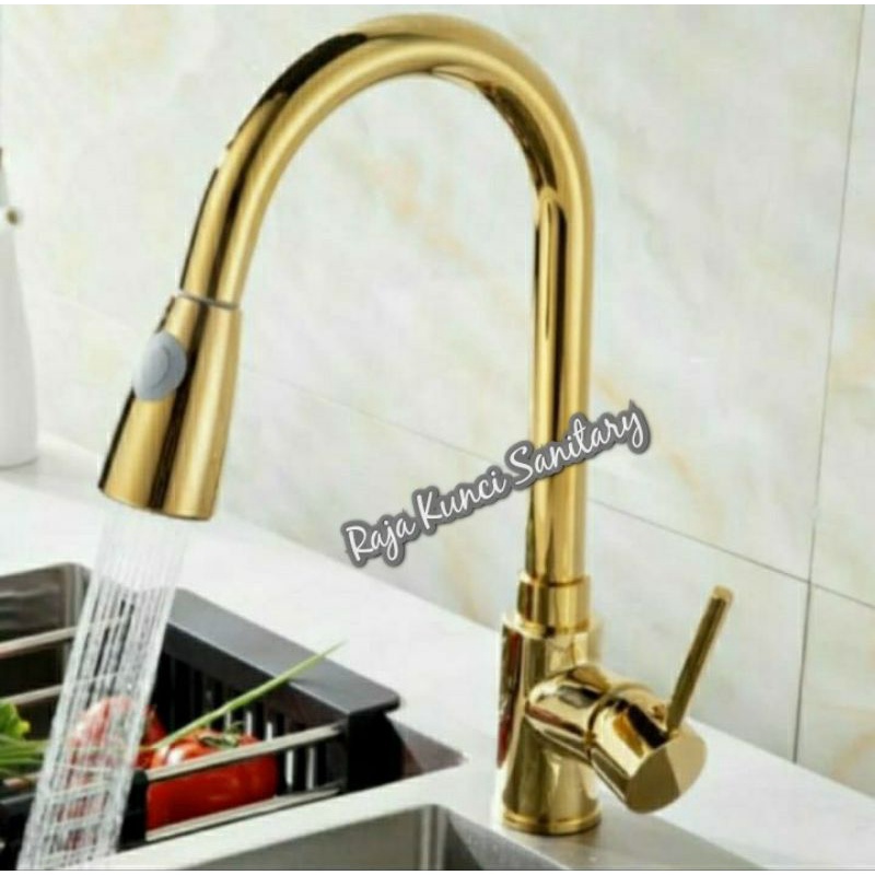 Kran Sink Mixer Tarik Gold/Kran Cuci Piring Full Gold/Kran Mixer Panas Dingin Kuningan Gold