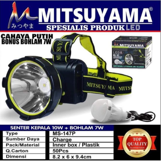 Senter Kepala Mitsuyama MS-147 Putih 10 Watt Headlamp Tahan Air Charger Bonus Bohlam