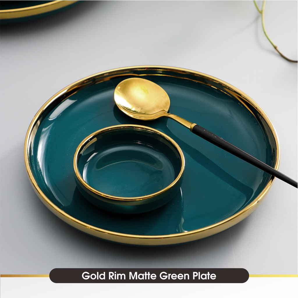 Set 9 &amp; 26 PCS Piring Mangkok Makan Hijau Keramik Pinggiran Emas Cantik Ceramic Mewah Western Steak Gold Rim Plate