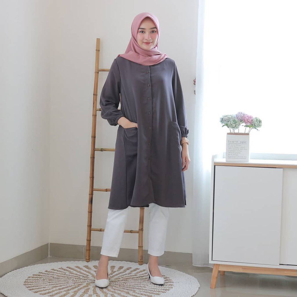 TM 23- COD Kemeja tunik wanita remaja cewek L ld 100 cm panjang murah busui kancing depan