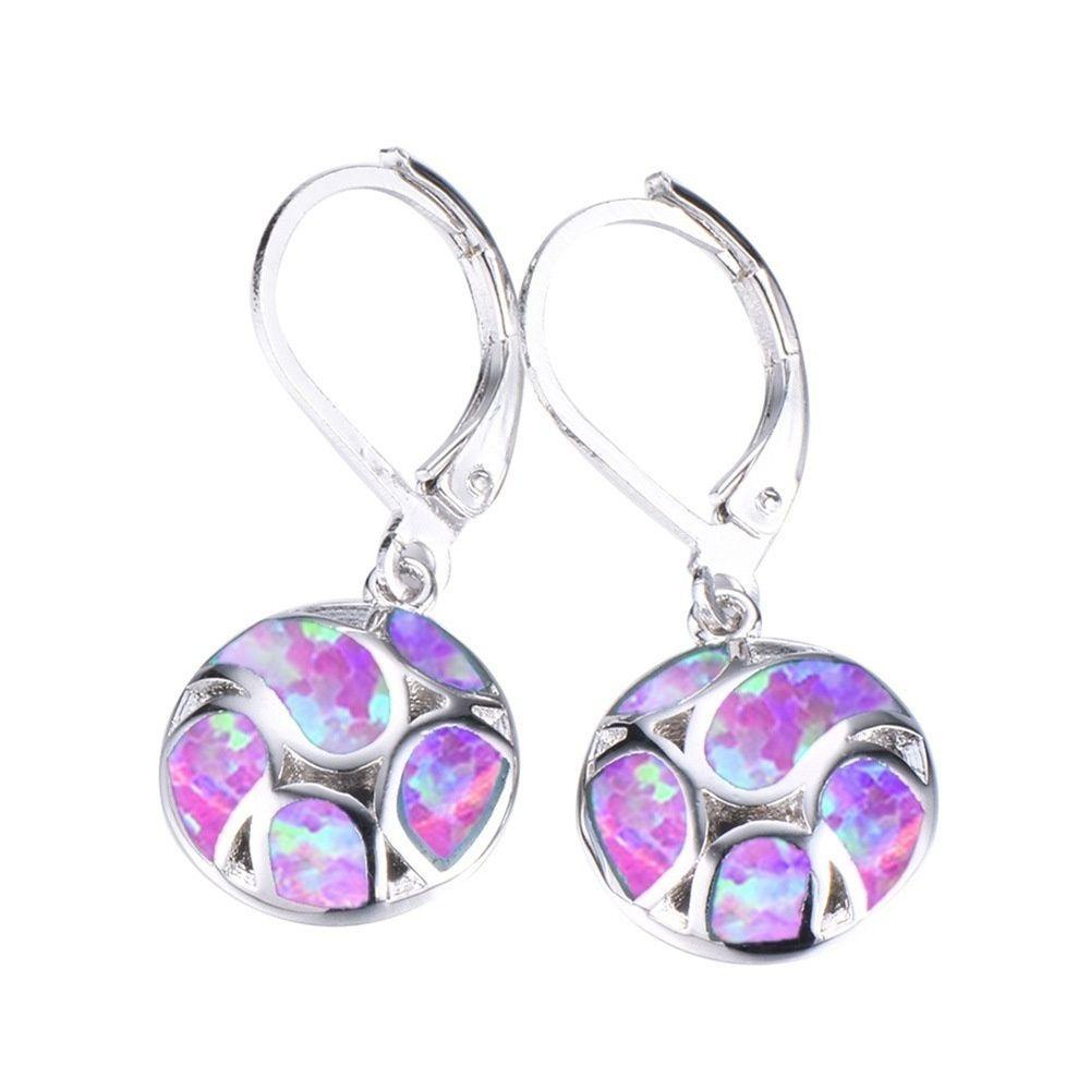 Solighter Wanita Anting Panjang Bulat Geometris Imitasi Api Opal Pendant Earrings Hoop Earrings