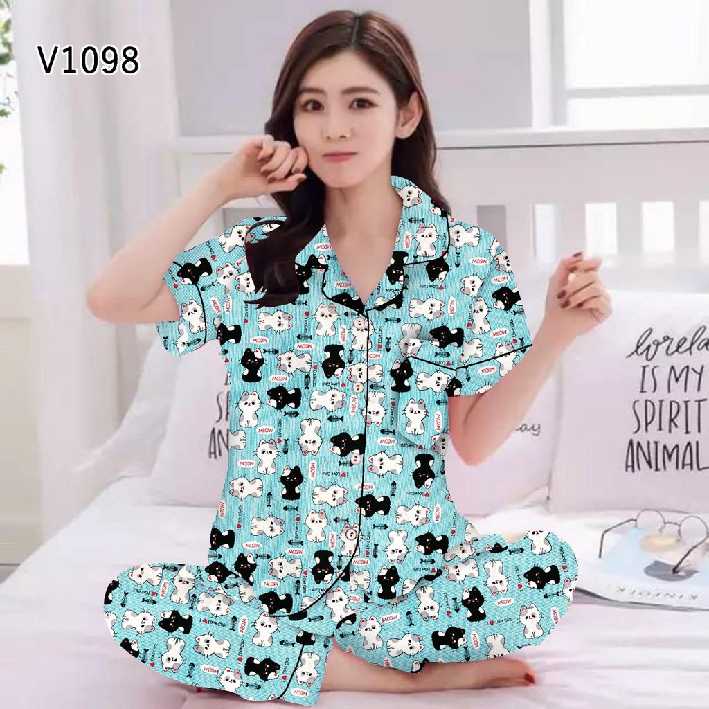 JNV Piyama CP Wanita Motif Karakter Kartun 04 - Baju Tidur Lengan Pendek - Bahan Katun-Love Cat Tosca