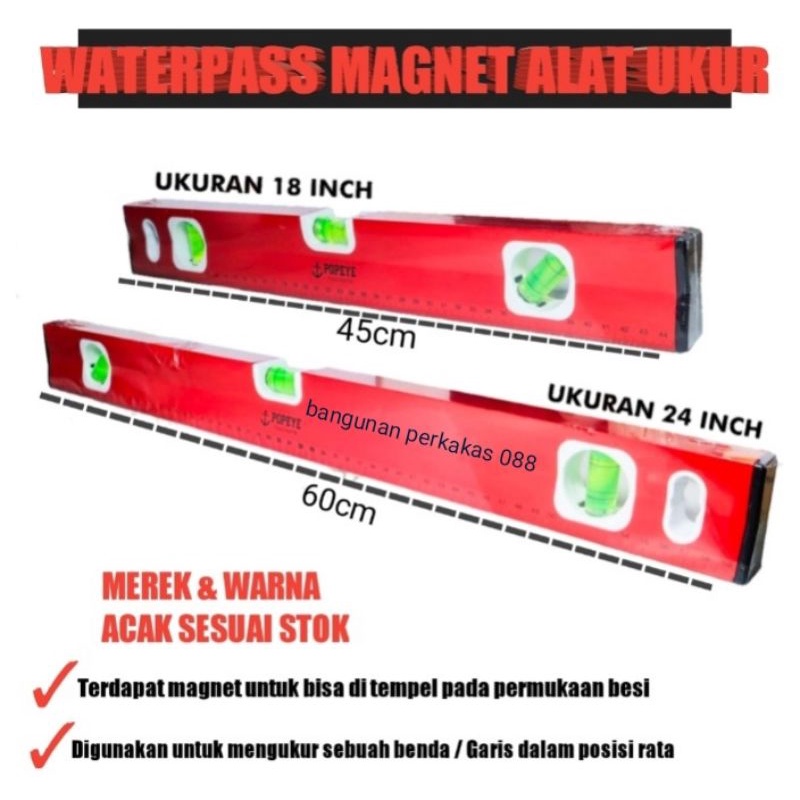 WATERPAS MAGNET PILIH VARIAN UKURAN 18 INCH DAN 24 INCH / PENGGARIS TUKANG / ALAT UKUR TUKANG