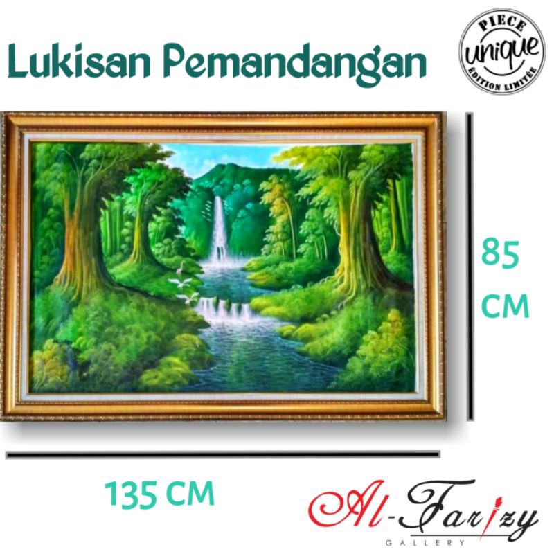 Lukisan Pemandangan Alam Besar Sawah Panen Air Terjun Unik Minimalis Kanvas Ukuran 135x85 cm