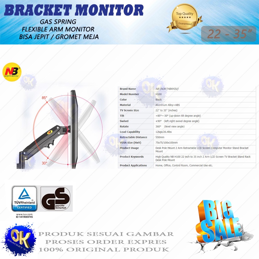 BRACKET TV LED MONITOR 22&quot;-35&quot; NORTH BAYOU NB H100 TILT SWIVEL ROTATE