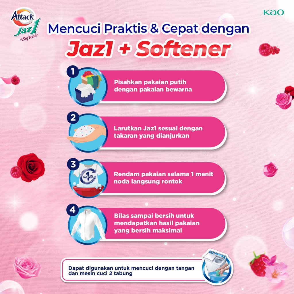 Attack Jaz1 Deterjen Bubuk + Softener Sabun Cuci Baju Rose Berry 750gr