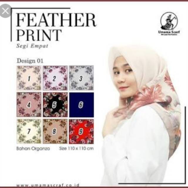 Feather print umama hijab kerudung segi empat organza organsa motif