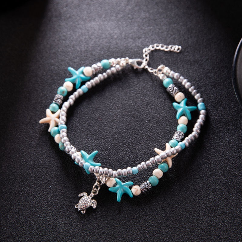 Eropa dan Amerika bead Anklet Ocean style bintang laut pirus turtle liontin double-layer beach Ankle