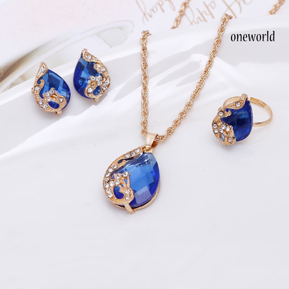 OW@ Women Jewelry Set Shiny Water-Drop Shape Rhinestone Necklace Earrings Ring Gift