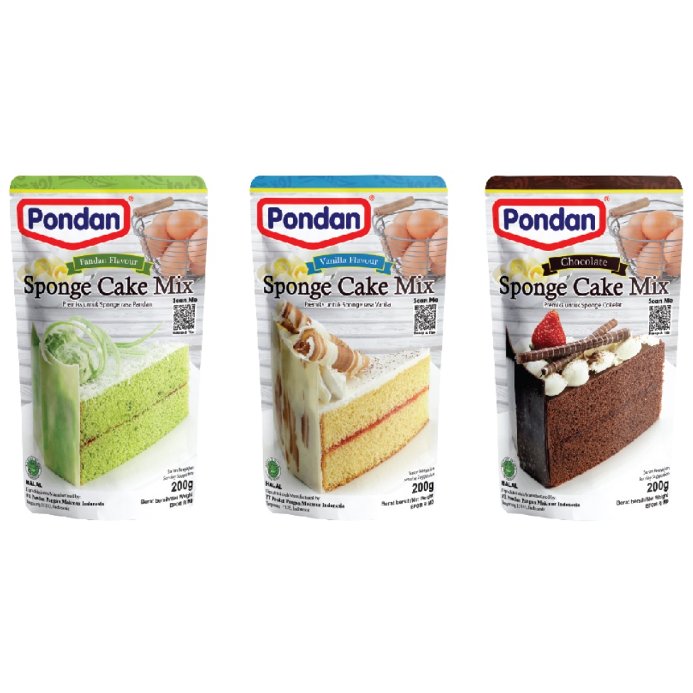 

Pondan Sponge Cake Mix Pouch 200gr Rasa Pandan Coklat Vanilla