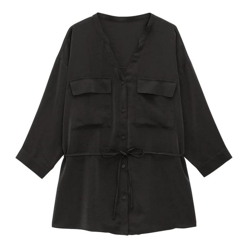 GU/UNQ BLOUSE POCKET - atasan kemeja/blouse wanita-Belt - Black