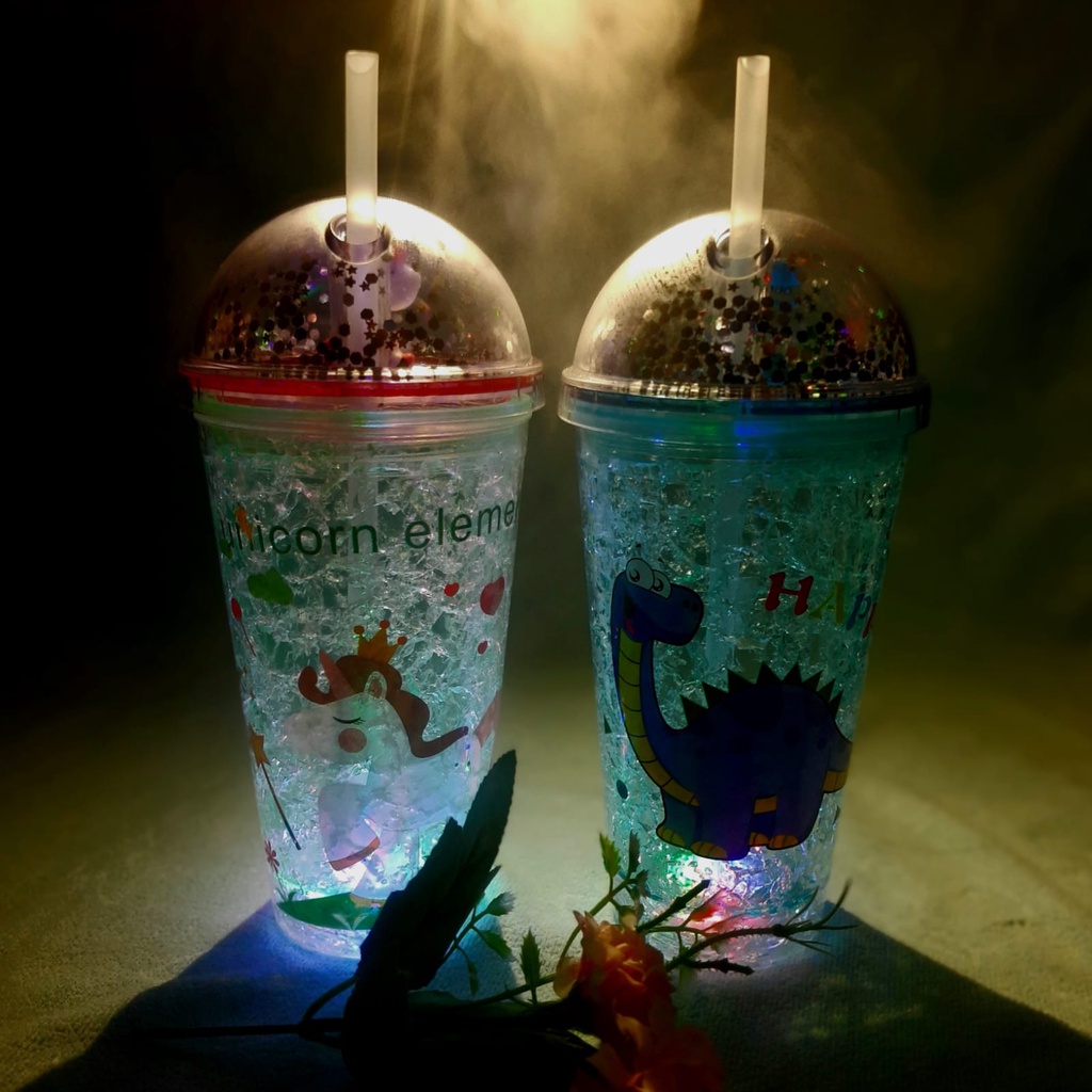 PROMO BOTOL minum Glitter Tumbler Karakter LED DINO 450ML Botol minum anak+ free sedotan