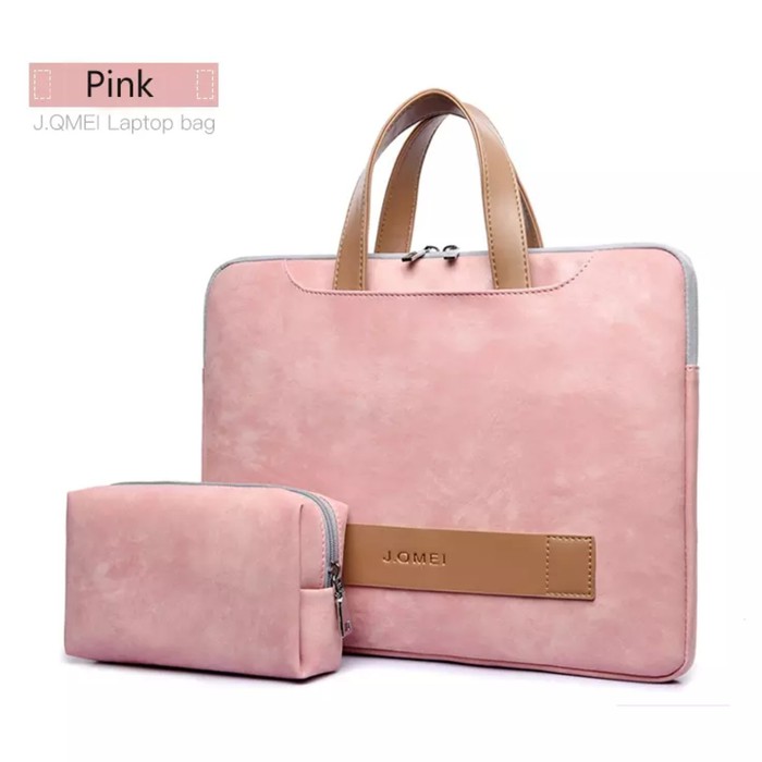 Tas Jinjing Laptop Wanita JQMEI PU Leather Hand strap 13 14 15 15.6 inch with Free Pouch - Pink