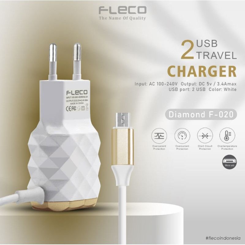 Charger Adaptor FLECO F-020 Diamond 2 output usb + kabel fast charging Cas kabel Micro Original