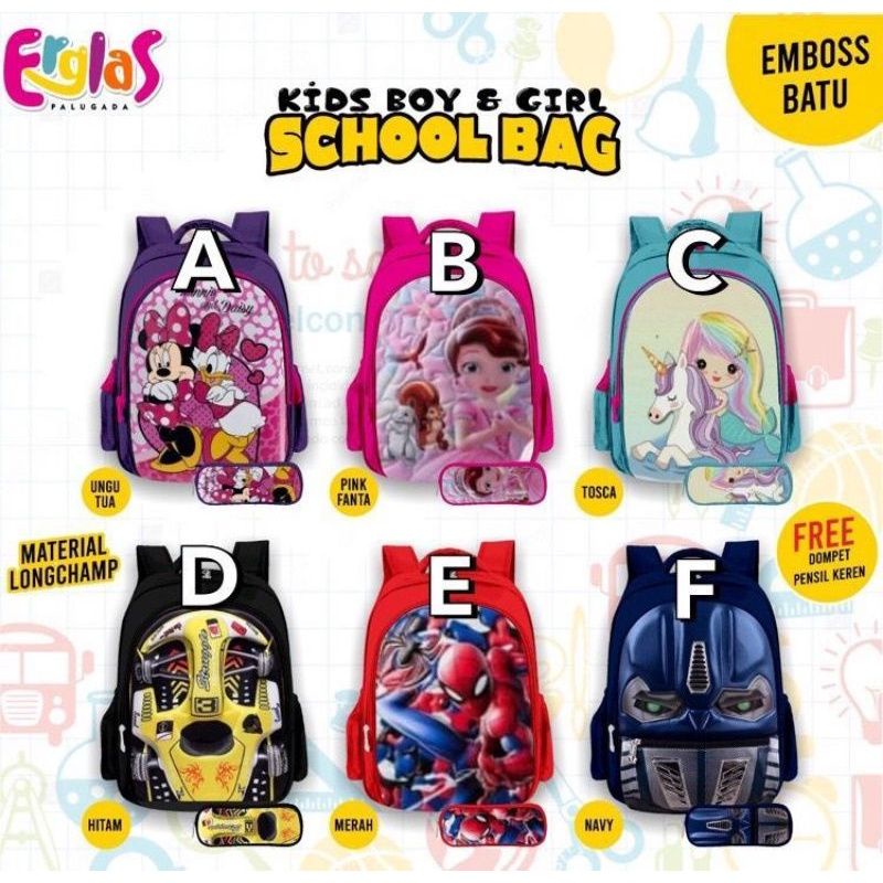 Tas Anak Karakter Gratis Tempat Pensil Erglas School Bag Kids Boy Girl