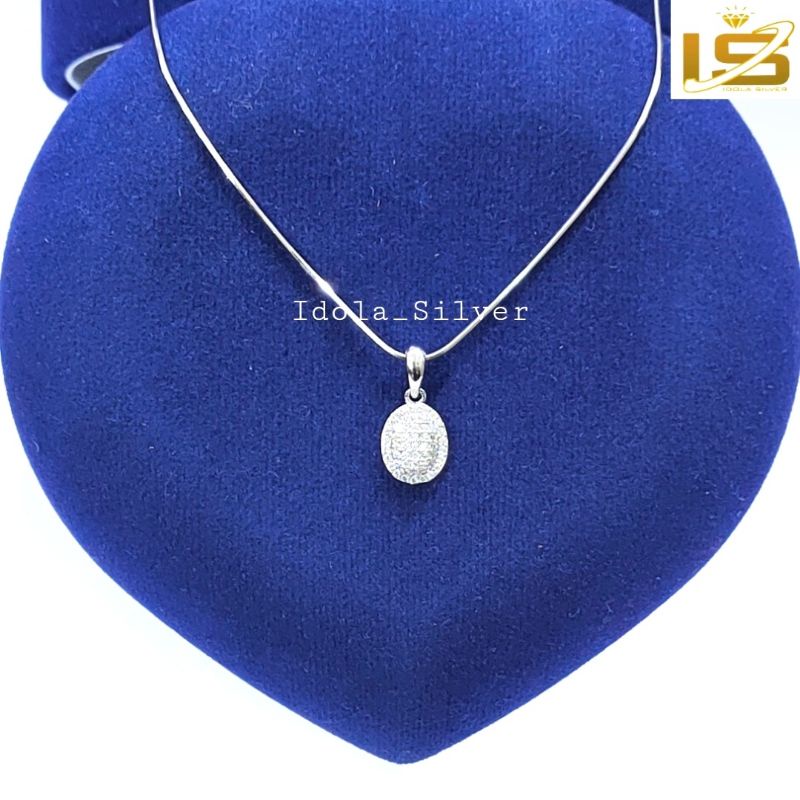 KALUNG PERAK ASLI SILVER WANITA 925 LAPIS EMAS PUTIH MODEL LIONTIN OVAL PERMATA KELILING FULL KECIL - PERHIASAN PERAK WANITA ASLI